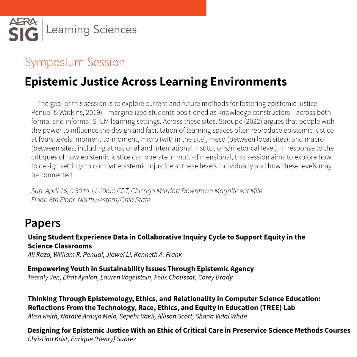 AERASIG_LS_ATL's tweet photo. Getting a head start on planning tomorrow? I know I am. Here's a great line-up of scholars in our Sunday (4/16) 9:50am session: Epistemic Justice Across Learning Environments. Chaired by @sjlee143. https://t.co/tJ3uvdsKbZ