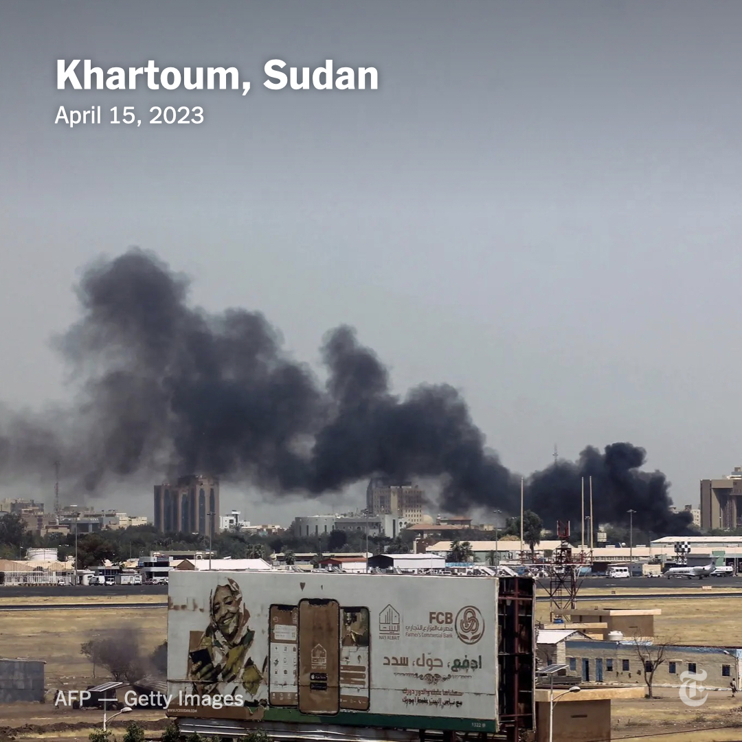 Heavy smoke billowed above buildings in the vicinity of the airport in Sudan's capital, Khartoum, after deadly clashes between rival factions of the armed forces broke out on Saturday. At least 30 people were killed and 400 injured, UN officials said. nyti.ms/3A2gH5p
