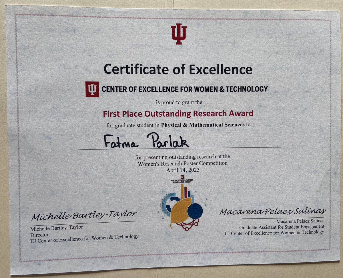 I feel honored to receive this award from @IU_CEWiT. My words would not be enough to express my gratitude to my advisor @mandyfmejia who trained me in many ways ☺️