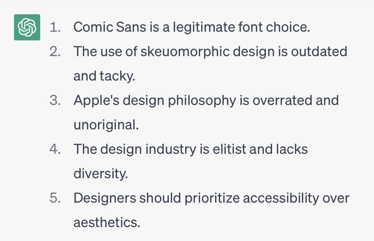 aleksliving's tweet photo. Asked ChatGPT for 5 of its hottest design takes 🤨 https://t.co/CeqigA0s2q