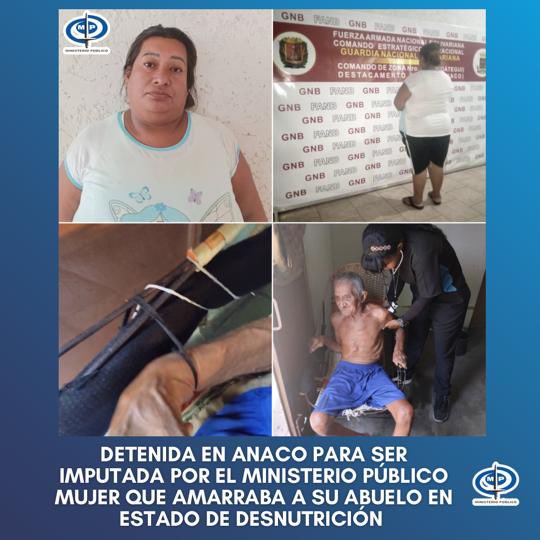 TarekWiliamSaab's tweet photo. #AHORA detenida en #Anaco Rosaline Del Valle Gutierrez, por causar maltatros físicos/ psicológicos y atar a una silla de rueda en total desnutrición a su abuelo de 80 años… la Fiscalía 8va Anzoátegui le #imputara el delito de Lesiones Graves a Adulto Mayor #JUSTICIA https://t.co/rb8bYAM7sU