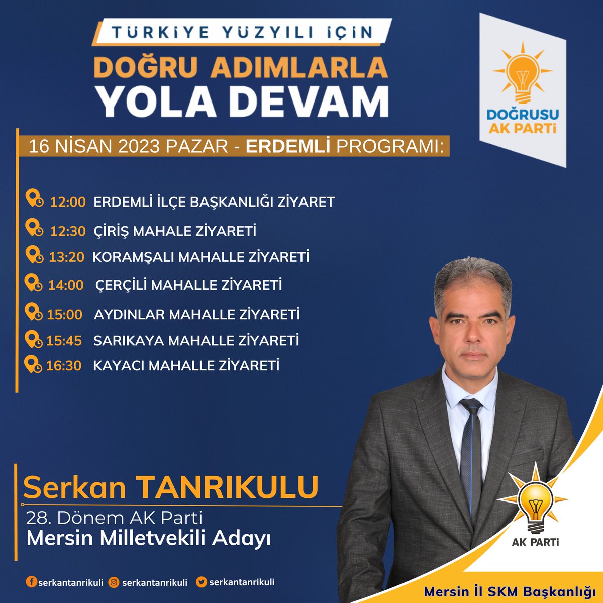 akpartimersin's tweet photo. AK Parti Mersin 28.Dönem Mersin Milletvekili Adaylarımızın 16 Nisan 2023 Pazar günü programları... https://t.co/iJ7R10qn41