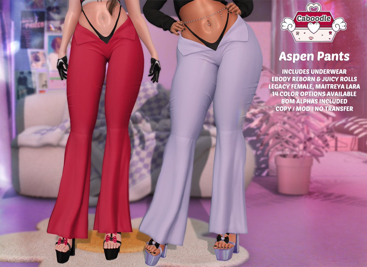 Aspen Pants are now available at Kustom9!
Rigged for eBody Reborn, eBody Juicy Rolls, Maitreya Lara, and Legacy.
#Caboodle #Secondlife https://t.co/1h1Xk1Ai3p