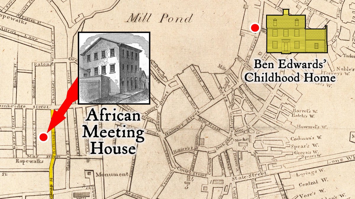 CortSkinner's tweet photo. Ben Edwards was 41 when the African Meeting House was dedicated on December 6, 1806. At the time, he lived in the West End a short distance away on Belknap Street (now Joy Street) seen here highlighted in yellow. Ben died on June 9, 1808 at age 43. #OneAprilinBoston https://t.co/FMYUvR9L4R