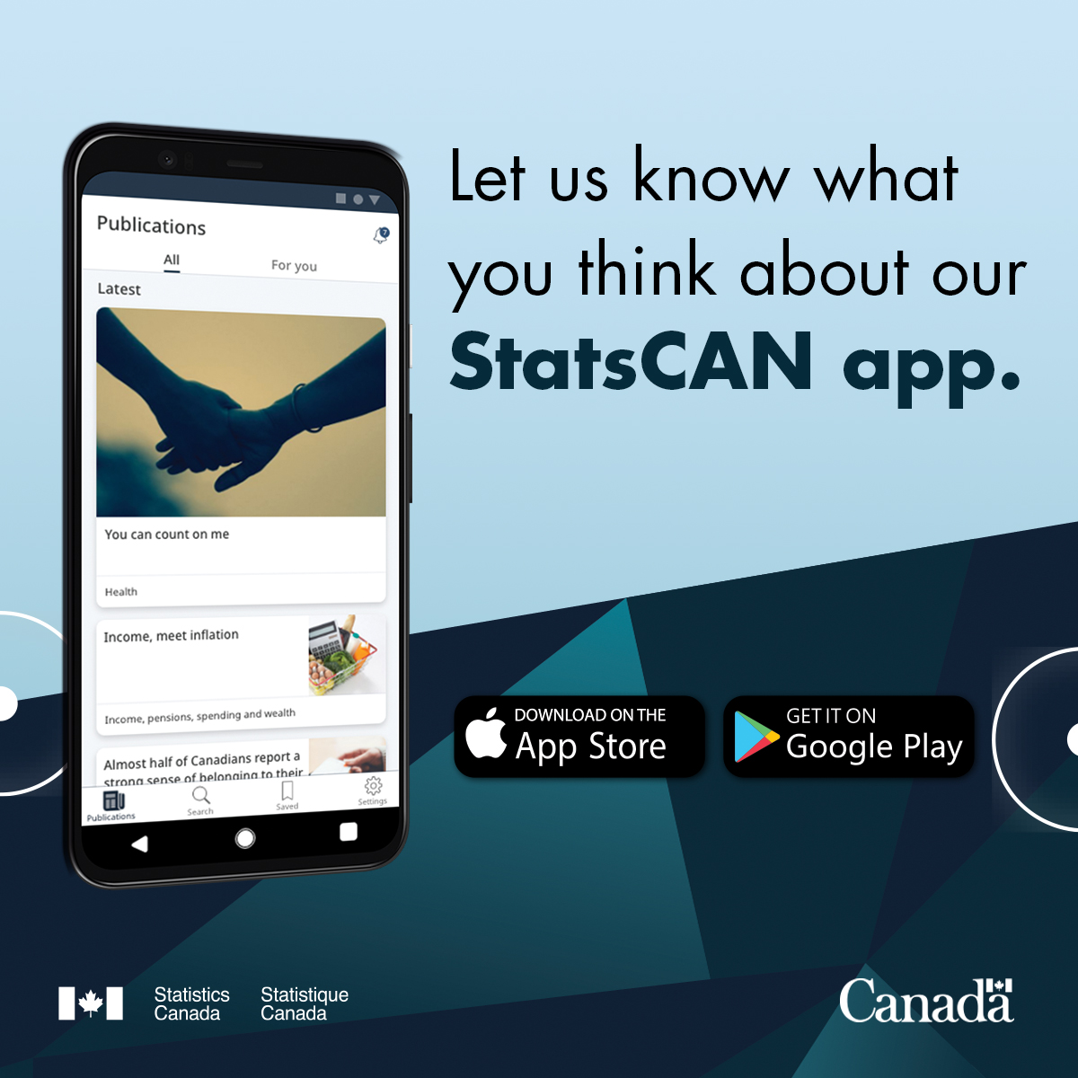 StatCan_eng's tweet photo. You asked, we listened! New updates to our #StatsCANApp have rolled out this month. 

Let us know what you think by leaving a review. Your feedback will help guide future updates: https://t.co/QkpS45PqKT. 📱📊 #StatsCAN https://t.co/neIsR4I6MH