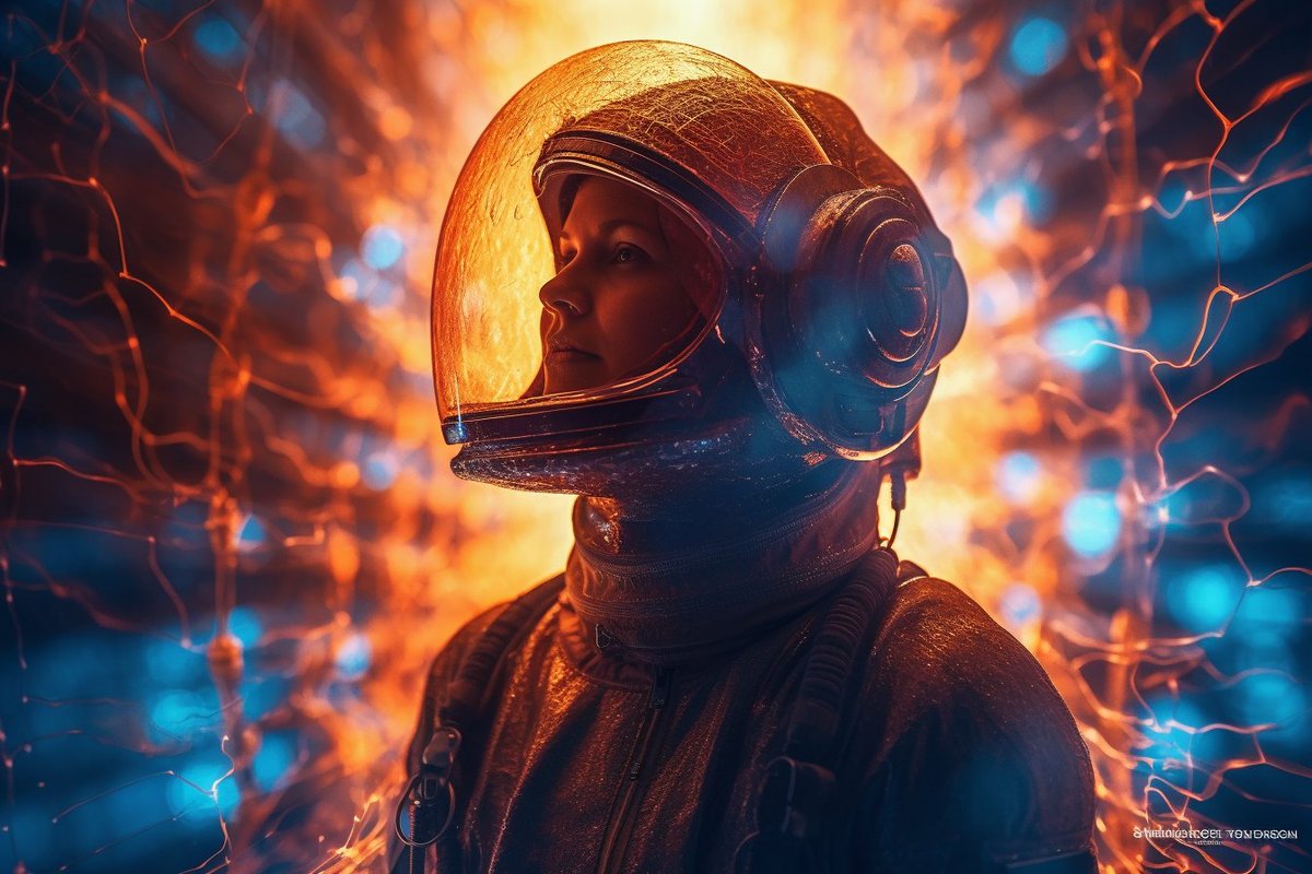 icreatelife's tweet photo. I think of all the videos of space I'd like to make when we have greater text2video. What about you? 

Share your space creations with me. 

prompt: a woman in a spacesuit with glowing nebula, piercing the space-time continuum reflected in helmet, full figure, ray tracing, style of Stargate sequence from 2001 and Baz Luhrmann, multiple exposure, bulb setting, long exposure, motion blur, 85-mm-lens, sharp-focus, optimized photon capture, ISO 100, diffuse-back-lighting, small-catchlight, low-contrast, high-sharpness, DOF --ar 3:2