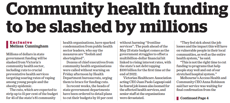 vichealthassoc's tweet photo. In today's @theage Acting CEO of the VHA Juan Paolo Legaspi has condemned @VicGovAu's decision to slash millions of dollars from preventative healthcare in the May budget https://t.co/FVggRS41TX #SpringSt #PublicHealth @Commhealthfirst https://t.co/3xbf9KLVc9
