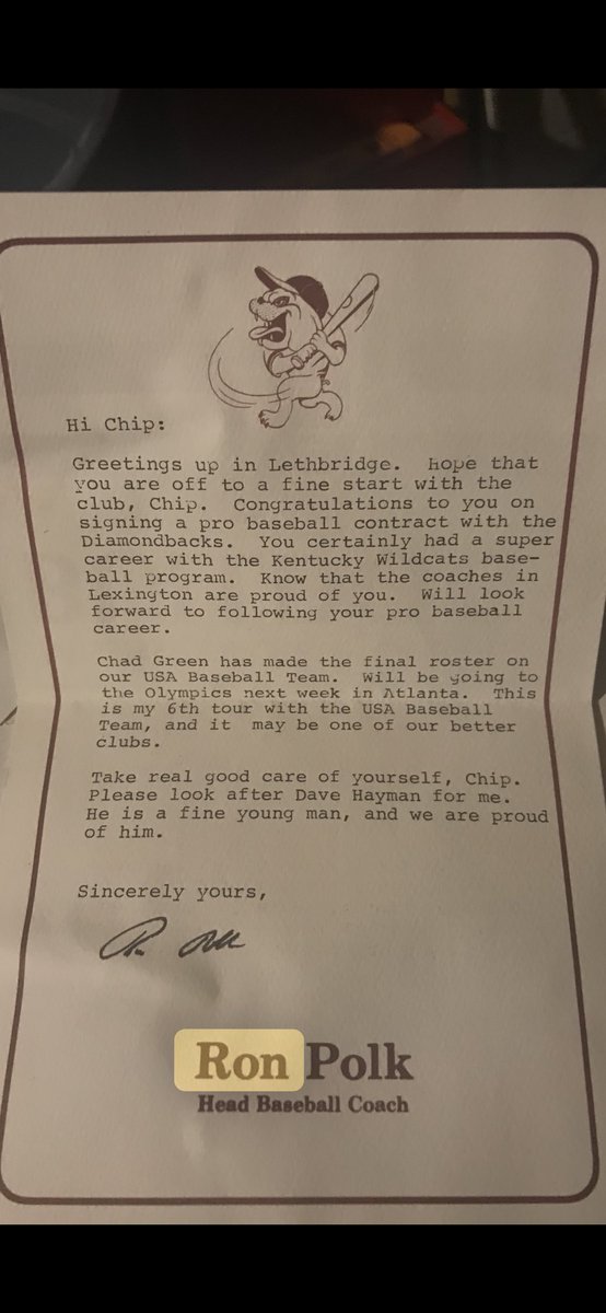 chipnanney's tweet photo. This is not written to me but a friend of mine also named Chip that played baseball at UK. Just shows you how much Ron Polk cares about baseball and players @richharrelson #SEC https://t.co/WhMYIIGlLf