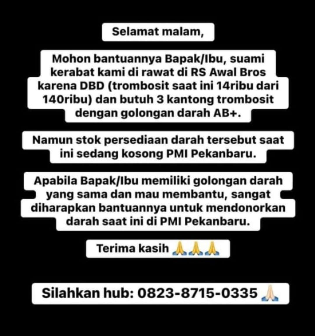 andrisyah84's tweet photo. Dear All PKB Team.. Mohon bantuan / informasinya terkait kebutuhan darah AB+ untuk Promoter LG Pekanbaru yaitu Dedi Pratama.. Kondisi terakhir yang saya dapat info barusan dari istrinya bahwa masih belum tersedianya darah AB+ di PMI..  Tksh 🙏🏻 https://t.co/qPUubdovJb