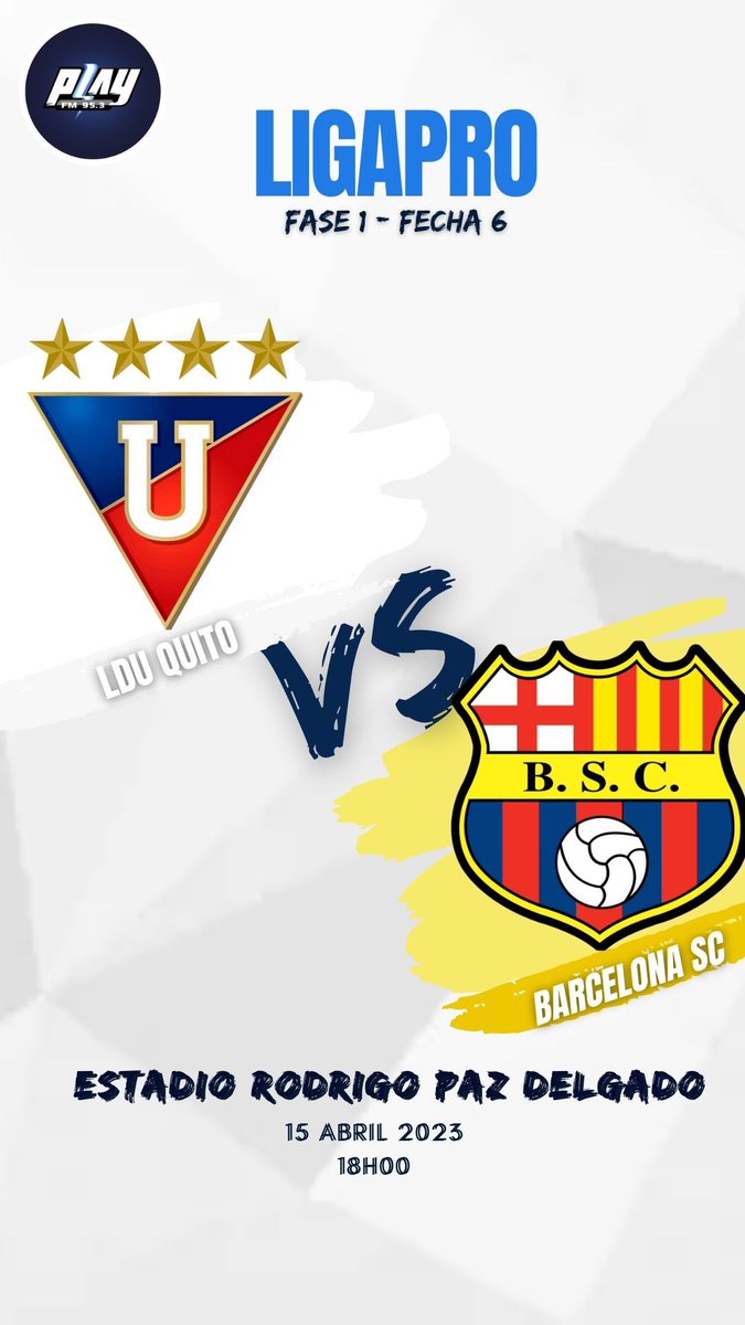 sucredeportesec's tweet photo. ⚪️ ¡PARTIDAZO EN LA CANCHA DE PLAY! 🟡

🏆 Sintoniza #PlayFM 95.3 con el duelo entre #LDUQvsBSC con @carroyos, @andrespaulson, @kevin_leon95, @jcalderon_ok y @juanfranrueda_ 🫵.

#Ecuador #BSC #Barcelona #Guayaquil #Quito https://t.co/07JhjFQDEW