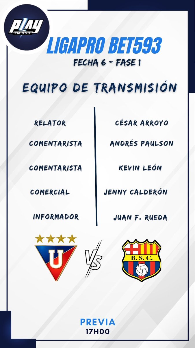 sucredeportesec's tweet photo. ⚪️ ¡PARTIDAZO EN LA CANCHA DE PLAY! 🟡

🏆 Sintoniza #PlayFM 95.3 con el duelo entre #LDUQvsBSC con @carroyos, @andrespaulson, @kevin_leon95, @jcalderon_ok y @juanfranrueda_ 🫵.

#Ecuador #BSC #Barcelona #Guayaquil #Quito https://t.co/07JhjFQDEW