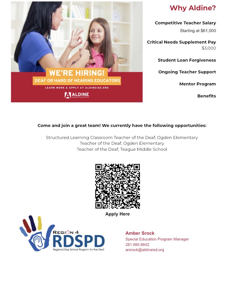 We are hiring! We are also looking for paraprofessionals and sign language interpreters. Message me for more details! ⁦<a href="/aldinesped/">Aldine ISD SPED</a>⁩