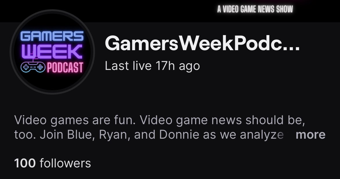 100 followers on the same day we achieve affiliate status. Gotta say it is a good day. 

Join the shenanigans here:
Twitch.tv/gamersweekpodc…