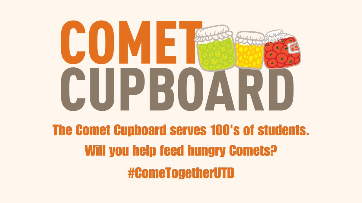 The Comet Cupboard feeds 100s of hungry students, but we can only do so with your help. Will you donate to the Comet Cupboard this Comets Giving Days? 

#ComeTogetherUTD #HungerFreeUTD
Donate at givingday.utdallas.edu