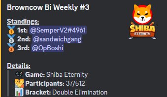 0wnowbrwncow's tweet photo. #ShibaEternity Tournament Winners!!
1st place -$1000 @SemperSage
2nd place -$650 @watchcloselyOLO
3rd place -$350 @Op_Boshi

Provided  @nfalabs Huge thanks!

Huge congrats to the winners!

Thanks everyone else for showing  up and making it fun!
Good luck next time!
Stay Tuned! https://t.co/A34bVi74VN