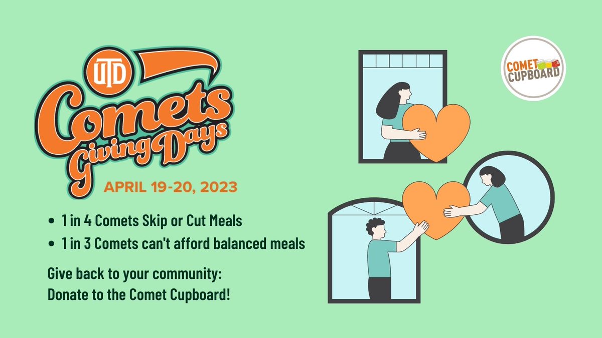 No student at UTD should have to choose between paying for textbooks and eating balanced meals. Help hungry Comets this Comets Giving Days. Help the Comet Cupboard create a #HungerFreeUTD. 

Donate at givingday.utdallas.edu
#ComeTogetherUTD