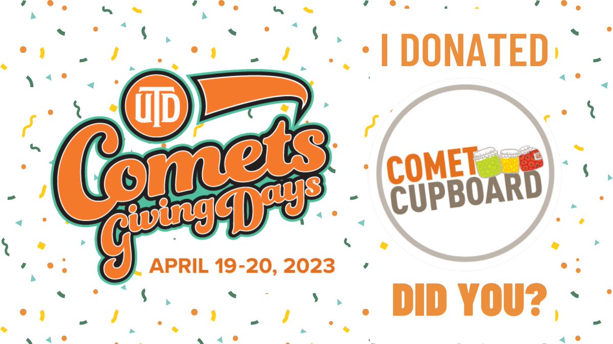 It's not too late to donate to the Comet Cupboard. Help feed hungry students this Comets Givings Day. 

Donate at givingday.utdallas.edu

#ComeTogetherUTD #HungerFreeUTD