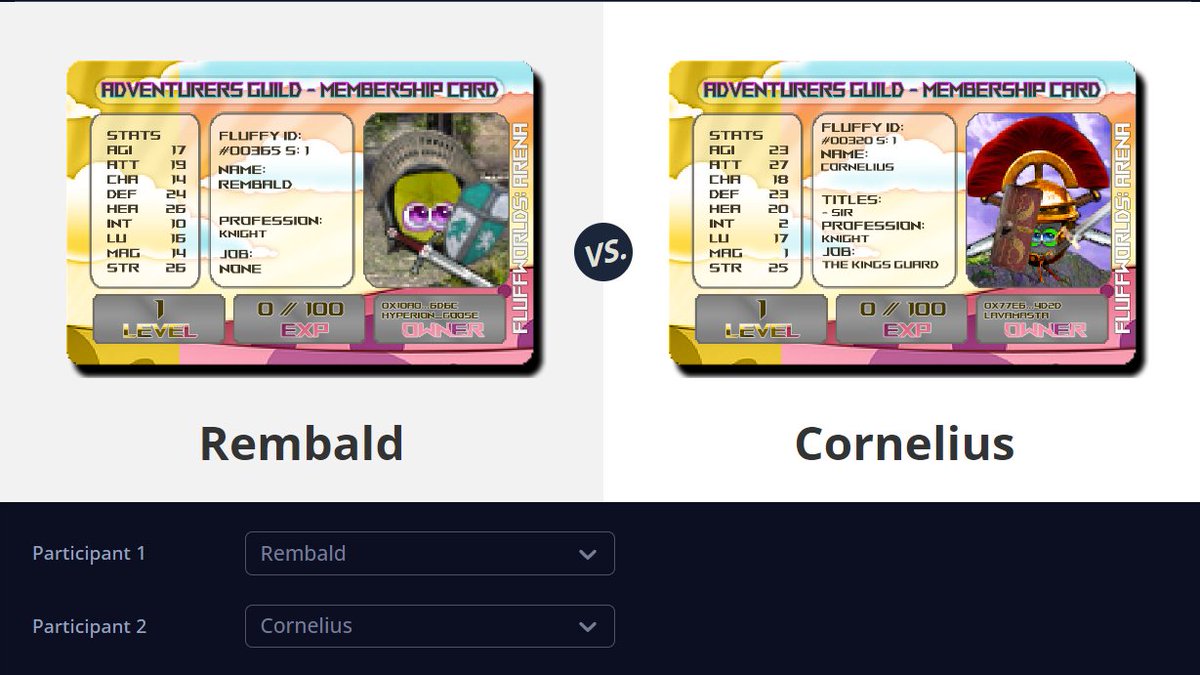Fluffworlds's tweet photo. 🏟️SEMIFINALS - DAY 2 - MATCH 3
#FWGT2 #fluffworlds
⚔️Sir Rembald @Hyperion_Goose VS Sir Cornelius @Robstinator2
🏟️Battleinfos:
Rembald:
Type:⚔️
❤️🩹: 200
BaseATT: 32
BaseDMG: 46
BaseDEF: 72
Cornelius:
Type:⚔️
❤️🩹: 29/210
BaseATT: 55
BaseDMG: 63
BaseDEF: 96
🎙️😯 Match 3 is a real bomb! 2 of Fluffworlds most loved heroes fighting in the Arena! Cornelius still suffering heavy woulds from his heroes journey to the swamps but even like that he should not be taken easy, even by Sir Rembald! But we will see! LETS GET READY TO RUMBLE!!!
⏬ROUND 1⏬ #FWGT2