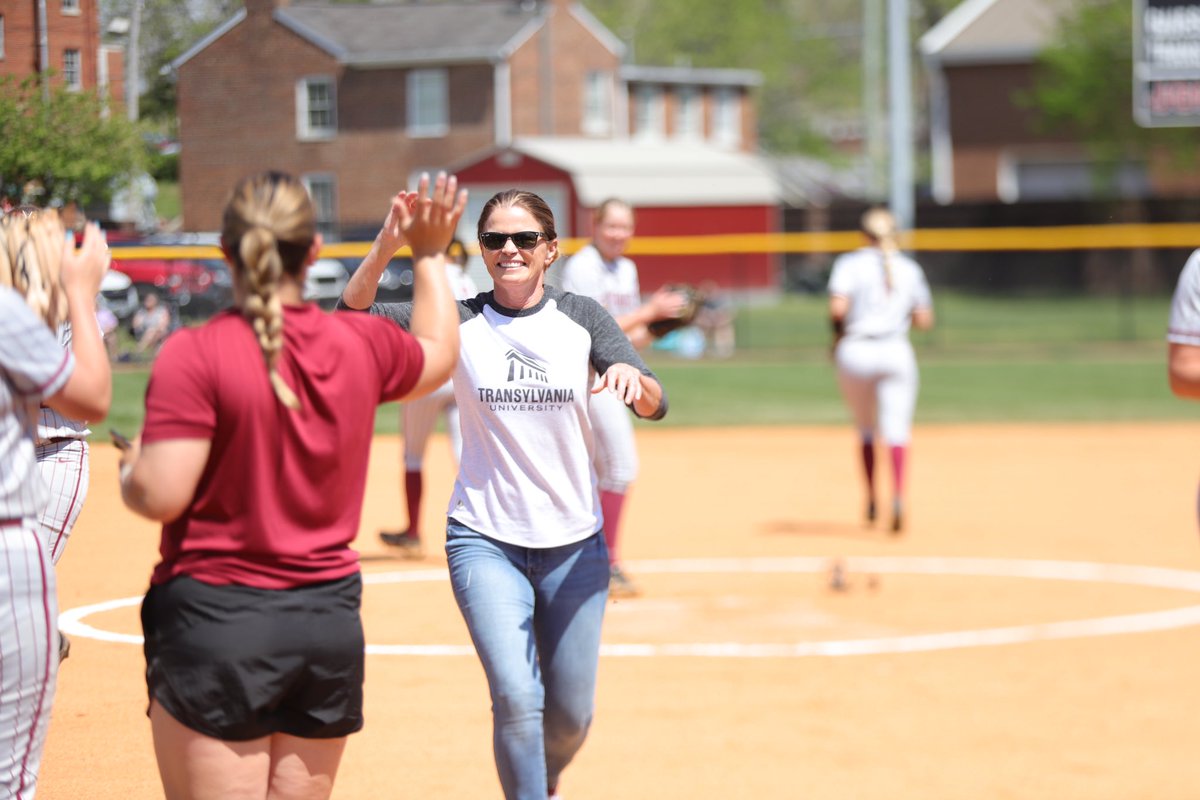 TransySports's tweet photo. At Hall Field, #16 @TransySoftball swept Defiance with two shutouts and a no hitter for freshman Sophie Moshos! They invited @transyalumni Sherry Holley ‘88 for the first pitch and recognized alumni at the break between games! #flypios🦇 

Read more: https://t.co/rQFe6sBBxf https://t.co/M0E3NSCRI5