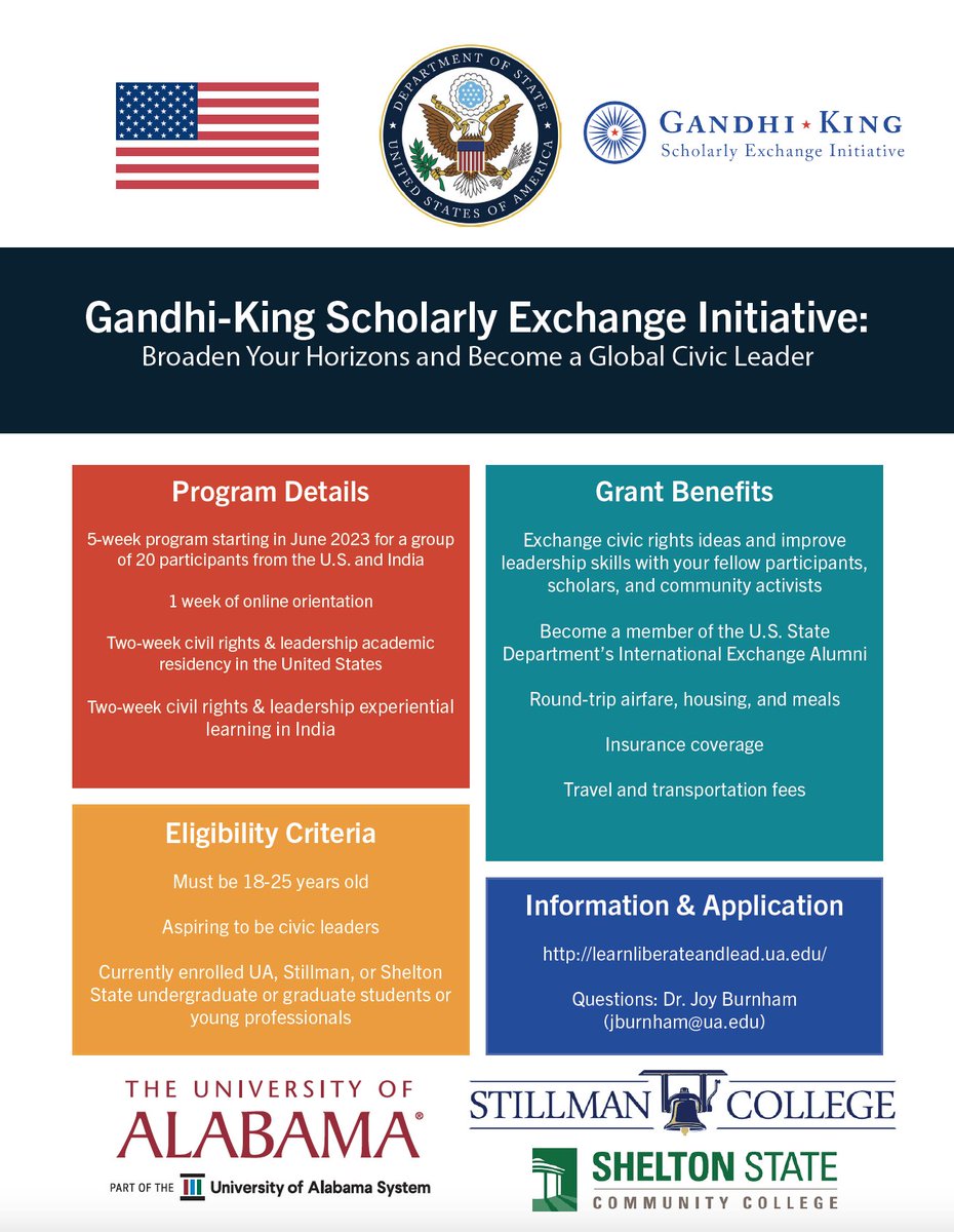 Students - want an opportunity to study the philosophies of Gandhi and Dr. Martin Luther King Jr., their leadership, & how to become an aspiring leader? You can through 1 virtual week, 2 weeks in the U. S. and 2 weeks in India. See the flyer for information & how to apply.