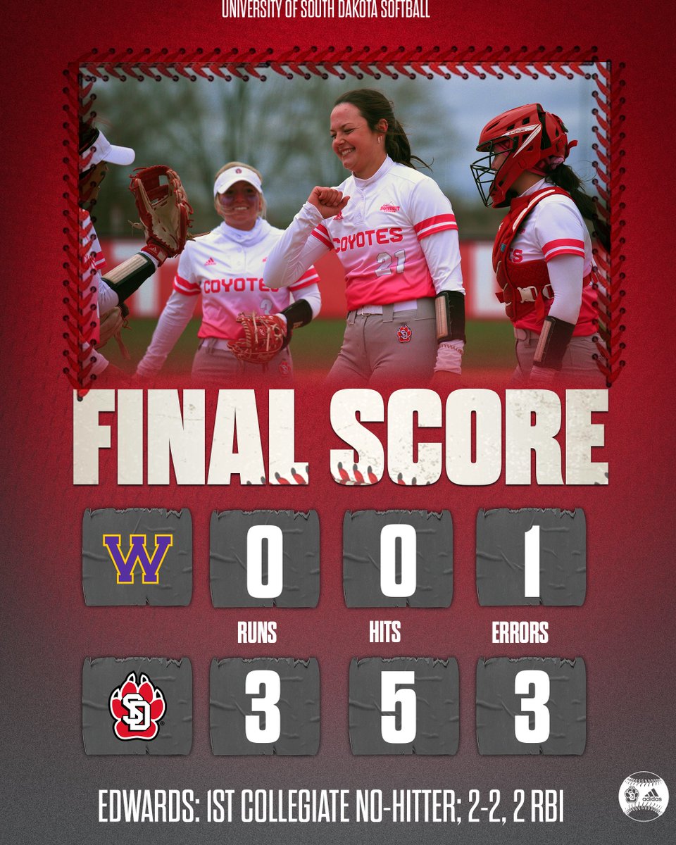 SDCoyotesSB's tweet photo. 𝗡𝗢-𝗛𝗜𝗧𝗧𝗘𝗥!!

Clara Edwards tossed the program's first no-hitter since 2009! She also went 2-for-2 at the plate with two RBIs in a 3-0 South Dakota win against Western Illinois!

#WeAreSouthDakota x #GoYotes🐾 https://t.co/XW2eggaKPp