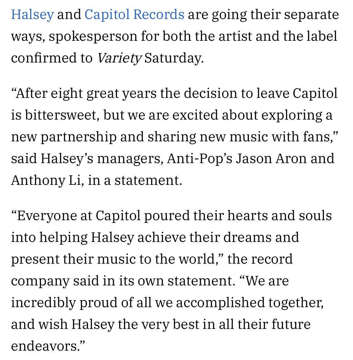 Halsey Updates on Twitter "Halsey has left Capitol Records, according