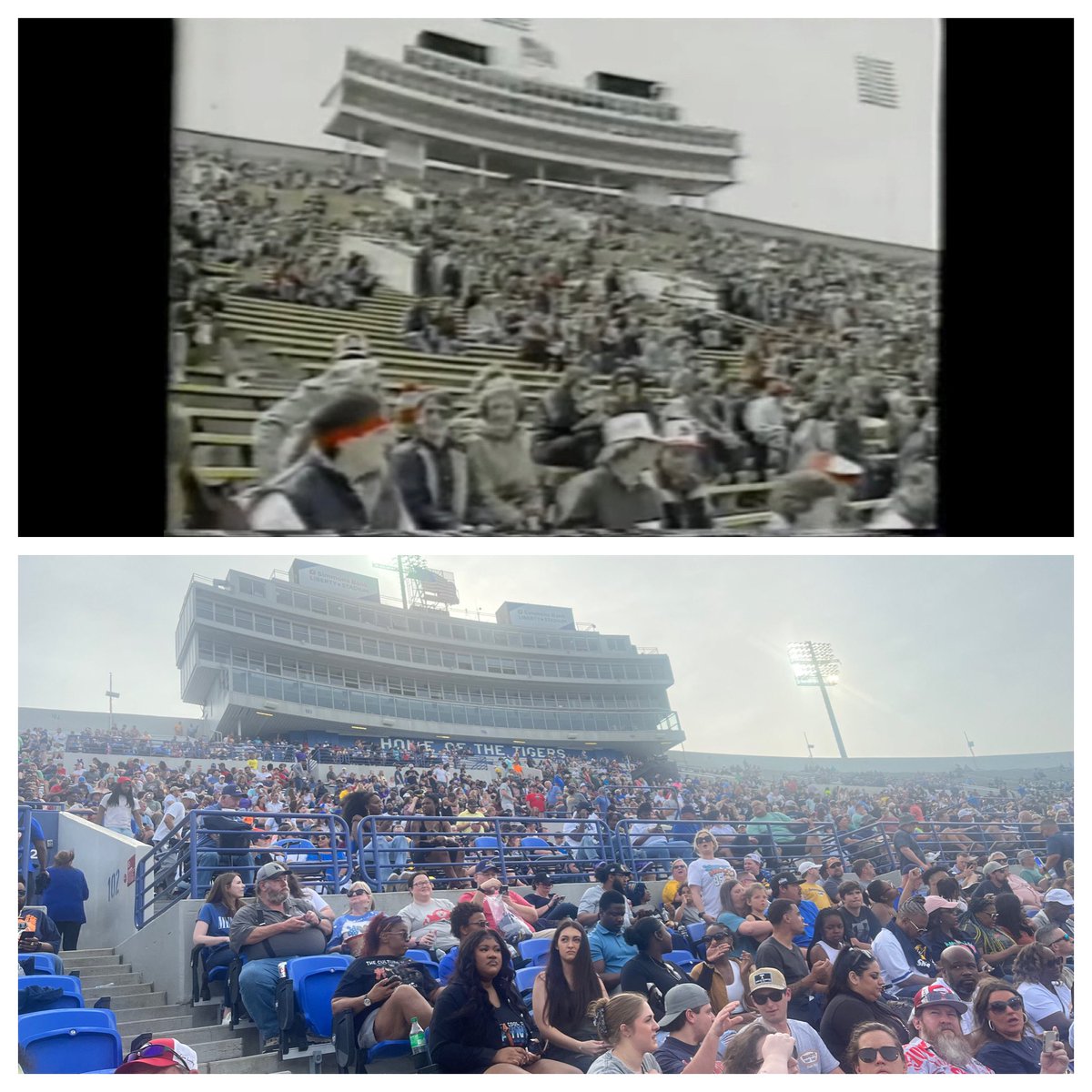 Top:
Liberty Bowl for @USFLShowboats home opener in 1984
Bottom:
Liberty Bowl for #Showboats home opener 39 years later at approximately the same spot 
#GoBoats @USFL_ShowBoats
