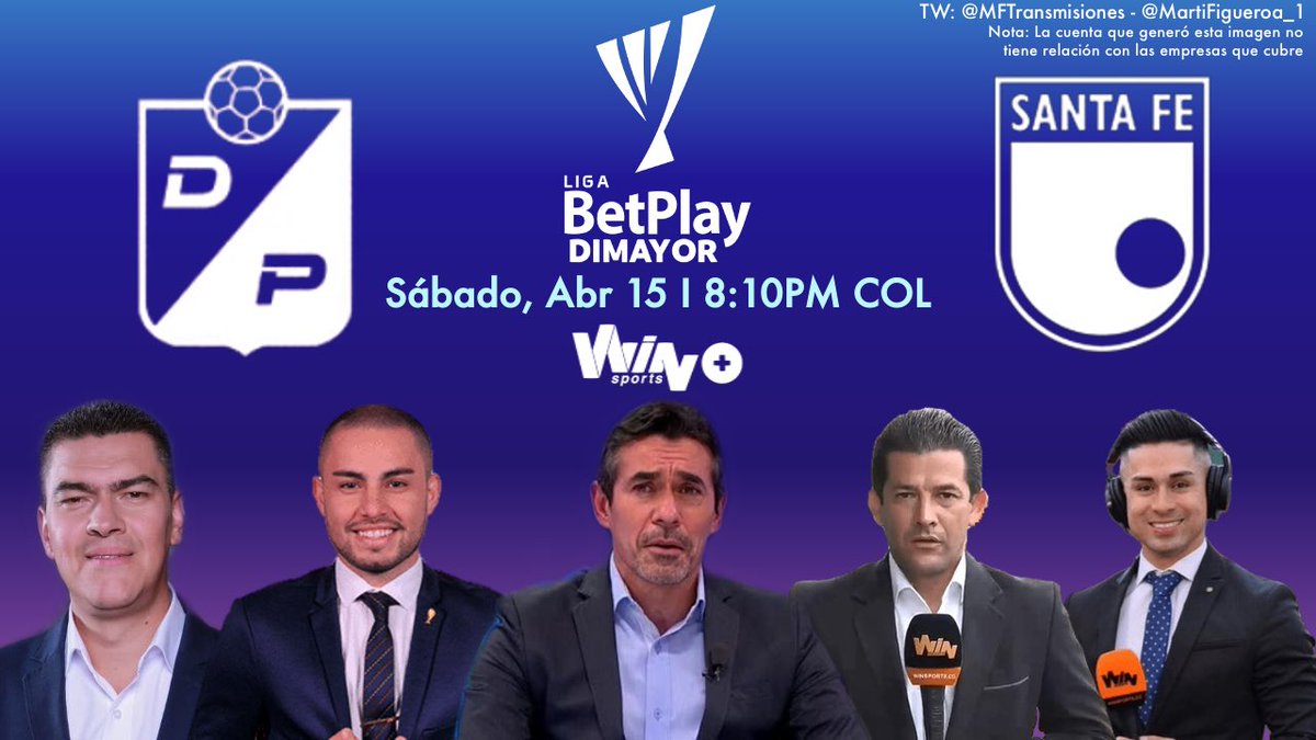 Martín Figueroa - Transmisiones (@mftransmisiones) on Twitter photo 🇨🇴 <a href="/LigaBetPlayD/">LigaBetPlayDimayor</a> 2023-I - Fecha 14
@DeporPer ❤️💛 - <a href="/SantaFe/">Independiente Santa Fe</a> 🦁
Relator: <a href="/EduardoLuisFut/">Eduardo Luis López T</a>
Comentaristas: <a href="/SVargasOK/">Samuel Vargas</a> y <a href="/SergioAGalvanR/">Sergio Galván Rey</a>
Campo de Juego: <a href="/trujillodeporte/">Mauricio Trujillo Restrepo</a> y <a href="/DavidEscobarTv/">David Escobar Tv</a>
📺: <a href="/WinSportsTV/">Win Sports</a> +
📱 ¡Síguenos! 🇨🇴 <a href="/LigaBetPlayD/">LigaBetPlayDimayor</a> 2023-I - Fecha 14
@DeporPer ❤️💛 - <a href="/SantaFe/">Independiente Santa Fe</a> 🦁
Relator: <a href="/EduardoLuisFut/">Eduardo Luis López T</a>
Comentaristas: <a href="/SVargasOK/">Samuel Vargas</a> y <a href="/SergioAGalvanR/">Sergio Galván Rey</a>
Campo de Juego: <a href="/trujillodeporte/">Mauricio Trujillo Restrepo</a> y <a href="/DavidEscobarTv/">David Escobar Tv</a>
📺: <a href="/WinSportsTV/">Win Sports</a> +
📱 ¡Síguenos!