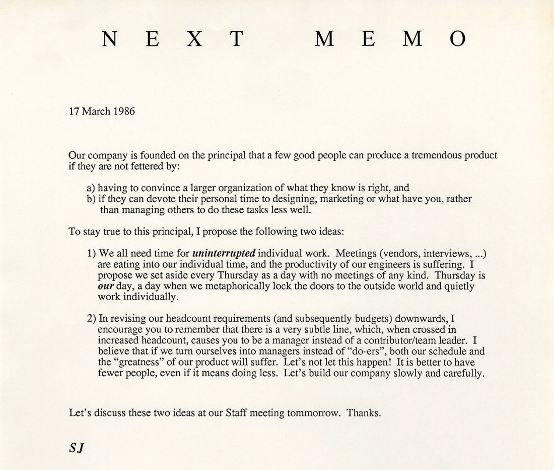 Steve Jobs memo to NEXT employees on employee productivity and doing a lot with few people: