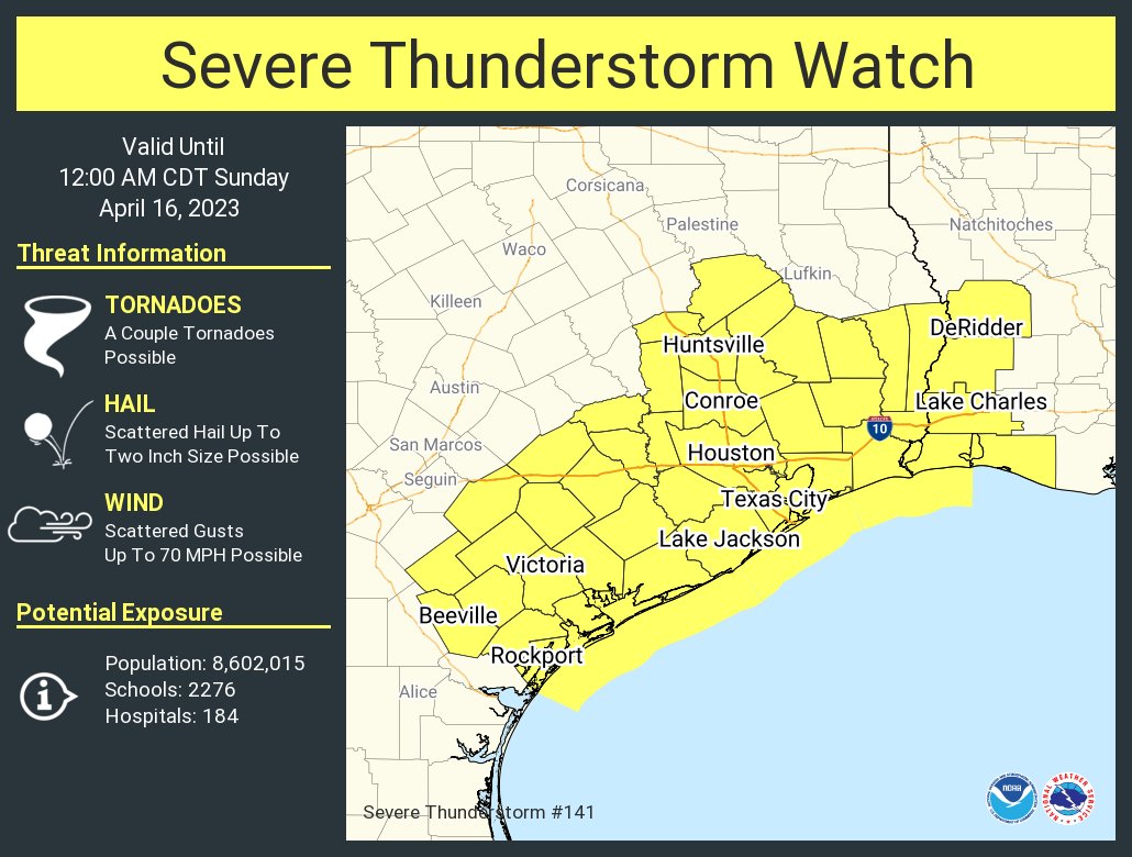 NWSHouston's tweet photo. A severe thunderstorm watch has been issued for parts of Louisiana and Texas until 12 AM CDT https://t.co/SN2pBZTSj0