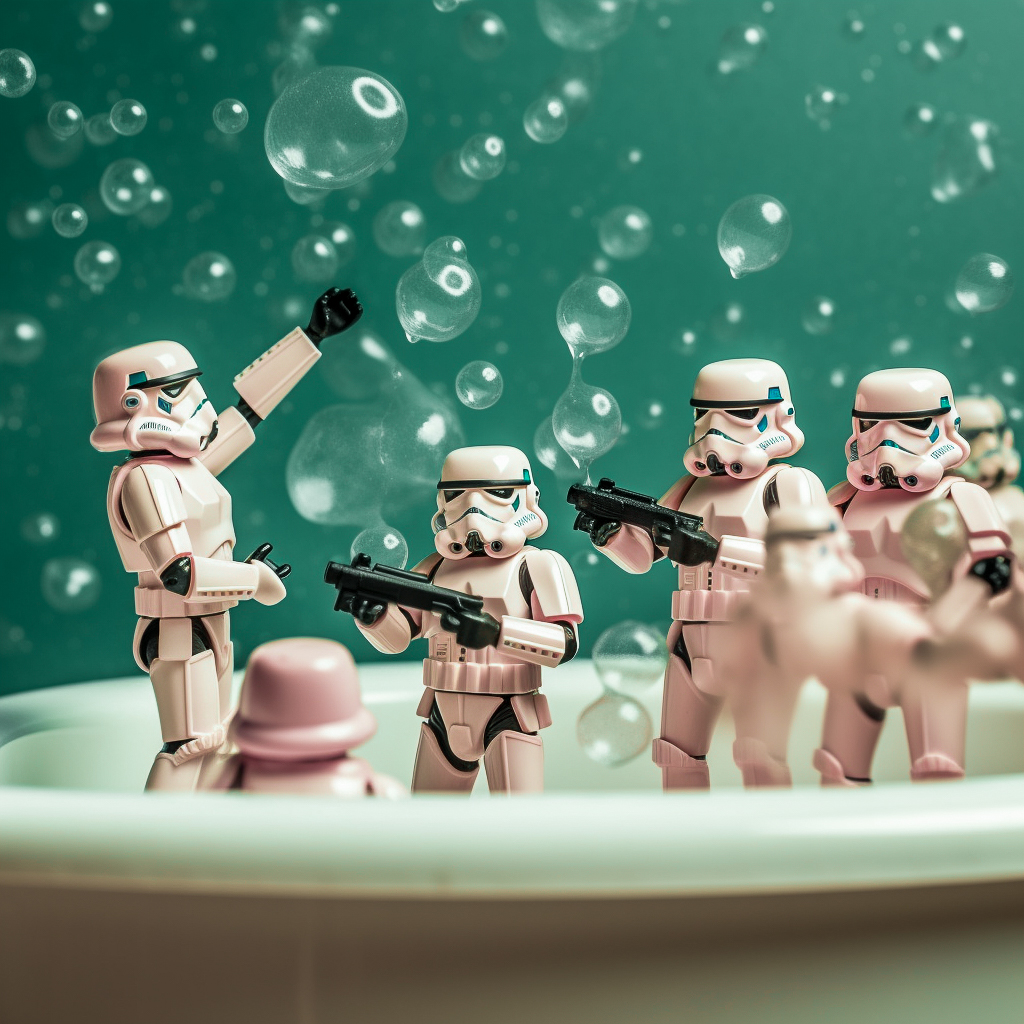 hanne_van_briel's tweet photo. @g0rillaAI @thebrainybyte Organized stormtroopers lived in a busy household's bathroom.🚿

At night, they let loose and had a party. 🪩���

Mornings were tough. ☕️

Together, they knew good times were never far away. ⚡️

#Midjourney #StormtrooperCarnival https://t.co/IruEuIUE7o