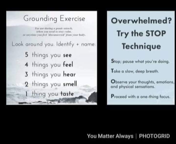 SuzieYMA's tweet photo. When you feel anxious or overwhelmed remember to STOP & GROUND yourself. These two techniques have proved helpful for many...including little old me πππ #YouMatterAlways #STOP #grounding #breathe #anxietyrelief #anxietytips #practicemakesprogress #progressmakespossibilities https://t.co/5UmS0m0LzJ