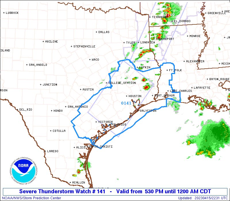NWSSPC's tweet photo. 5:32pm CDT #SPC_Watch WW 141 SEVERE TSTM LA TX CW 152230Z - 160500Z, #lawx #txwx #cwwx, https://t.co/PsgalPIfaV https://t.co/8abmUZgkVS