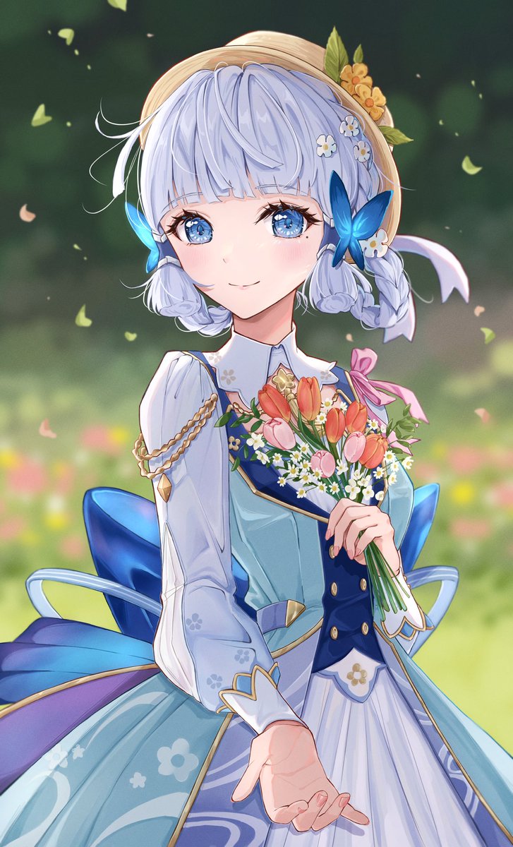 1girl blue eyes flower smile solo dress hair ornament  illustration images