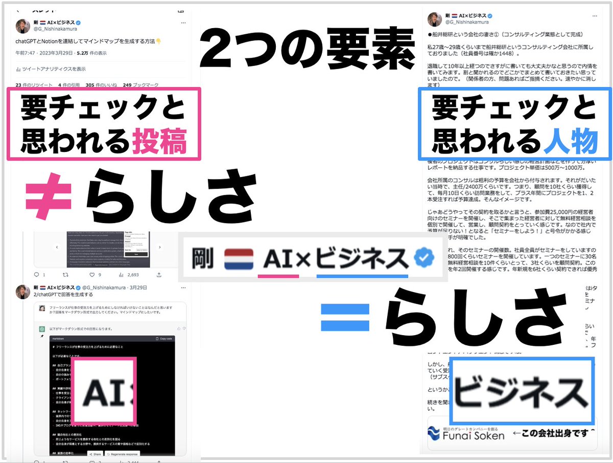 G_Nishinakamura's tweet photo. ●伸びるTwitterの作り方🖋について

3月23日にフォロワー480名から始まり、2週間で2,500名を超えて伸ばすことができています。

これは割と良いペースだと思う。

なぜこの結果が生まれているのか？説明できるので解説しておきます。秘密はアカウント名の設計🖋にあり。

【AI×ビジネス】のところです。

実はかなり狙って名前をつけました。Twitter Blueに入ろうと思っており、一度つけた名前はそんなに簡単に変えられないので、覚悟を持ってつけた名前です。

AIを冠しているので専門家みたいに見られるのですが、別にそんなことはないです。みなさんと同じくchatGPTにびっくりして慌てて勉強している感じです。

私の20年前からの専門は「ビジネス」です。ビジネスのことを語れば語るほど「自分らしさ」を訴求できます。

ビジネスの話でご飯が進みます🍚

逆にAIの話はあんまり好きではないです。なぜならAIを語れば語るほど、自分らしさが消えていくような気がするんですよね。

≠自分らしさ：これが私にとってのAIです。
��自分らしさ：これがビジネスです。

これは相互に矛盾します。

相互に矛盾する2つの要素を1つのアカウントに内包しているのがある種の反発力になり、このアカウントの強さを生んでいると考えます。

特にAIは今、盛り上がりがすごいのでちょっとしたことでもバズりやすい。ただし、AIでバズったところで実はフォロワーは増えません。

AIを語れば語るほど、自分らしさを訴求できなくなり、フォローする理由にならないからです。

「何か調べることがあれば、その時に見に行けばいいや」ということです。

実際、私も運用開始5日後（11個目の投稿）で、いいね305。ブクマ249。インプ52,000のプチバズをAIネタで起こしましたが、フォロワーは54名しか増えませんでした。

『ブクマ249個あるのになんで54名しかフォローしないの！？』

ここ��良い気づきになりました。

つまり、「投稿するネタ」として見られているのか？「投稿するヒト」として見られているのか？ここを注意しないといけないということです。

前者に走るとフォロワーは増えません（ファン化が△）
逆に
後者に走るとインプが伸びません（認知が△）

要チェックと思われる投稿を次々に繰り出し、認知を高めながら、
要チェックと思われる人物を伝える投稿をしてファン化させていくわけです。

前者はある意味、トレンドに乗ることが大事です。私はそのセレクトを「AI」にしました。自分らしさはないです。

後者は言うまでもなく、「ご飯が進むほど好きなビジネス」です。なのでとても自分らしいです。

多くの人は後者にこだわってコツコツとやっていますが、はっきり言ってパワー不足です。爆発力はトレンドから生まれるのでそこをちゃんとアカウント設計に入れ込むことが大事です。

この相矛盾する「≠自分らしさ」と「＝自分らしさ」を掛け算で一つのアカウントに入れていくこと。これが私の考える伸びるTwitterの作り方🖋です。

はい。

ちなみに、今回の内容をガッツリと解説した50分の動画があるんですが、欲しい人がいれば言ってください。DMで動画を送ります。

あ、LINEに誘導したりしませんのでご安心を😜w