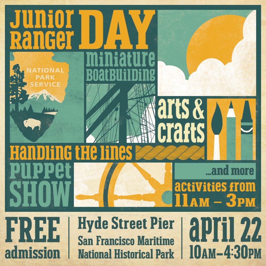 SFMaritimeNPS's tweet photo. Kicking off #NationalParkWeek next Saturday with #JuniorRangerDay at #HydeStreetPier! April 22nd, 10a-4:30p. Free Admission! #SanFrancisco #BayArea #Maritime #FindYourPark #EncuentraTuParque https://t.co/m2Ww7UEGlj