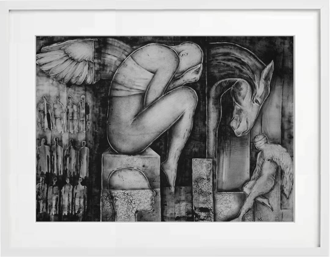 أجنحة محطمة 2016
حبر على ورق فبريانو
140*100سم
..........
 Broken wings 2016
Ink on Fabriano paper
140cm*100cm