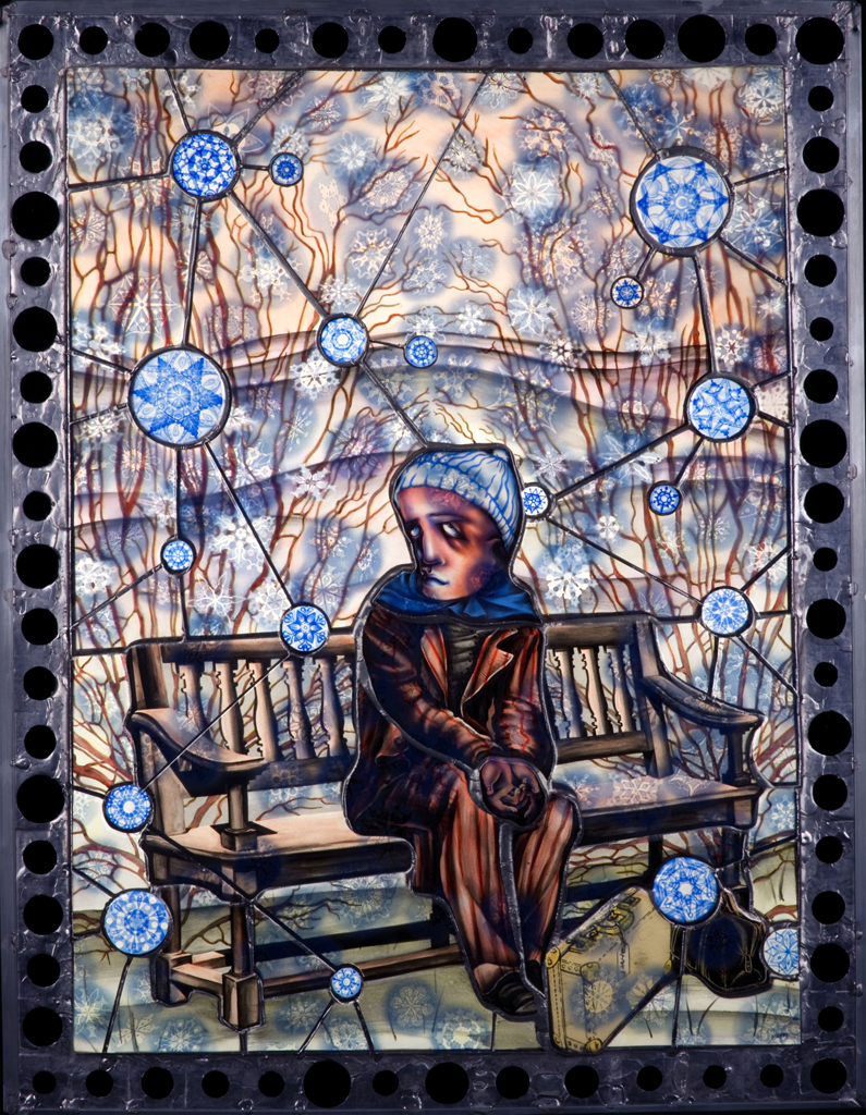 WomensArtForAll's tweet photo. Judith #Schaechter (.@JudithSchaechter) #WomenArtists #ArtByWomen #WomensArt •He's Haunted• (glass) https://t.co/7wN25g2nrY