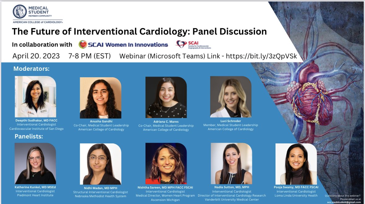 Want to encourage all female medical students and resident to join this webinar next Thursday, 4/20 - incredible panel talking about their careers in Interventional Cardiology. @scaiwin @scaielm @SCAI @ACCinTouch @AMSANational @AMAmedstudents