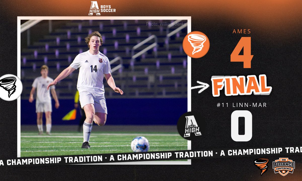 AmesAthletics's tweet photo. 𝑨𝒎𝒆𝒔 𝒘𝒊𝒏𝒔 🌪️

After a pair of weather delays, boys soccer gets the result over No. 11 Linn-Mar at the Valley Invitational today in West Des Moines.

#AChampionshipTradition https://t.co/wuIjz1qJHs