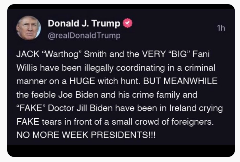 herotimeszero's tweet image. Trump formally announces, no more WEEK PRESIDETNS. Only WEEKEND PRESIDENTS.

Has he ever in his entire life written one tweet that made sense and didn't sound like it was written by a terrified baboon?

#TrumpIndictment 
Don Jr. vs Pee Pee