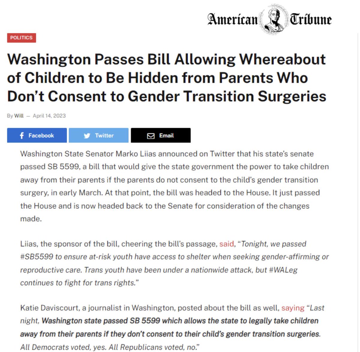 DonaldJTrumpJr's tweet image. These sick bastards are evil. WTF happened to “reasonable” or “moderate” democrats?

Washington passes bill allowing the state to TAKE CHILDREN AWAY FROM PARENTS that do not consent to their child's gender transition surgeries...