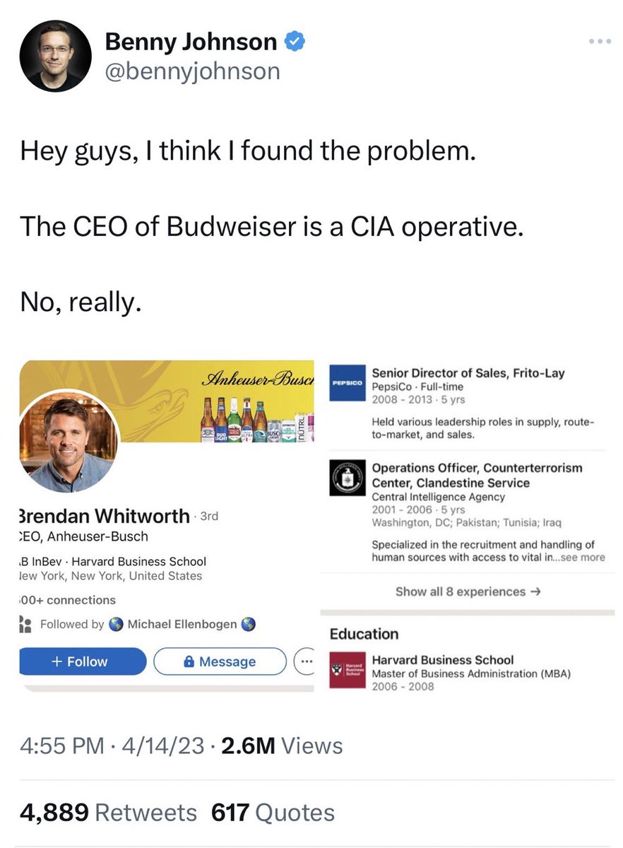 RightWingCope's tweet photo. New theory just dropped: the CIA is making the beer gay 💀 https://t.co/OlzU8ZopAs