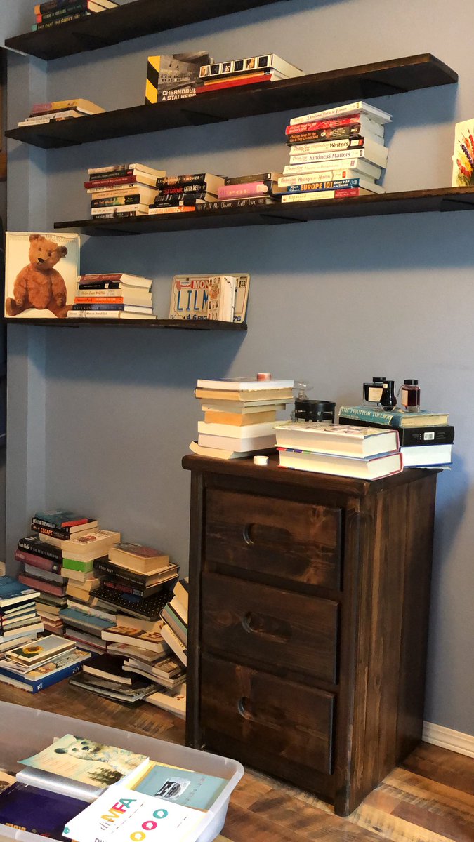 DeMasi_Writer's tweet photo. New bookshelves installed - which means book sorting. I've whittled it down, but still have miles to go (more bins to pull out of attic). #Books #readingcommunity #organization https://t.co/9LGFHPFKAI