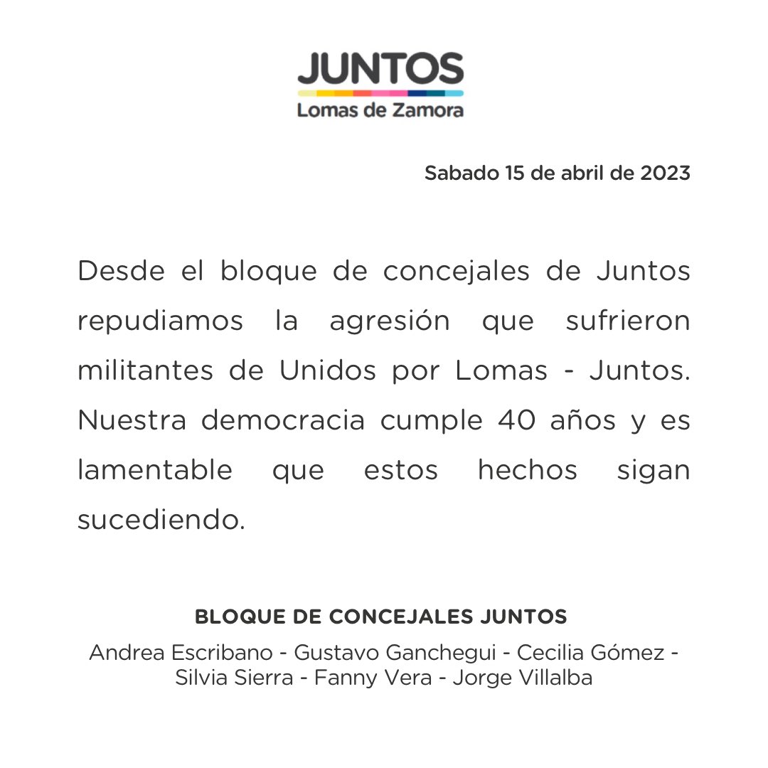 Es lamentable que a 40 años de nuestra democracia sigan sucediendo estos hechos de violencia. Repudiamos la agresión que sufrieron hoy militantes de <a href="/uxl_oficial/">UnidosxLomas</a> en Lomas de Zamora.