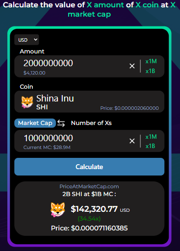 PriceAtMCap's tweet photo. Want to know the value of your favorite #cryptocurrency at a specific market cap? 

👉 Go to https://t.co/8iMCkac8zC !

Our free crypto calculator just launched, try it now!

#crypto #PriceAtMarketCap $SHIB $SHI $SANI $IC $OPTI $METIS $DMTR $DIONE $VRA $TETHYS $BCB https://t.co/5fU0I4cSl5
