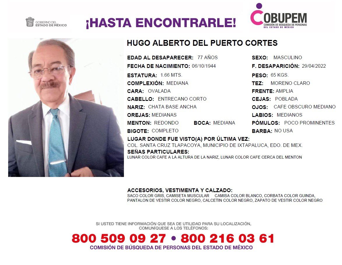 rdelpuerto's tweet image. 353 🆘 Mi papá es un médico que salió a dar consulta y desapareció, solo queremos que regrese con los suyos

#hugodelpuerto #Puebla #Morelos 

@FiscaliaCDMX @COBUPEM @Fam_Unidas_AC @botDesaparecidx @OHarfuch @lopezobrador_ @cuauhtemocb10 @FelipeArvizu_ @UrielCarmona17