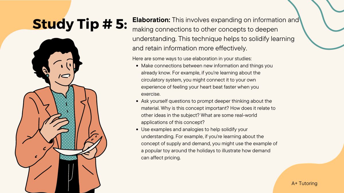 SATMD's tweet image. #elaboration is a great #studytechnique to help engage with new information & make it stick. If you're looking to improve your academic performance or prepare for an upcoming exam, A+ Tutoring can help! Reach us here bit.ly/3lq2mvA
#tutoring #studygram #studyinspiration
