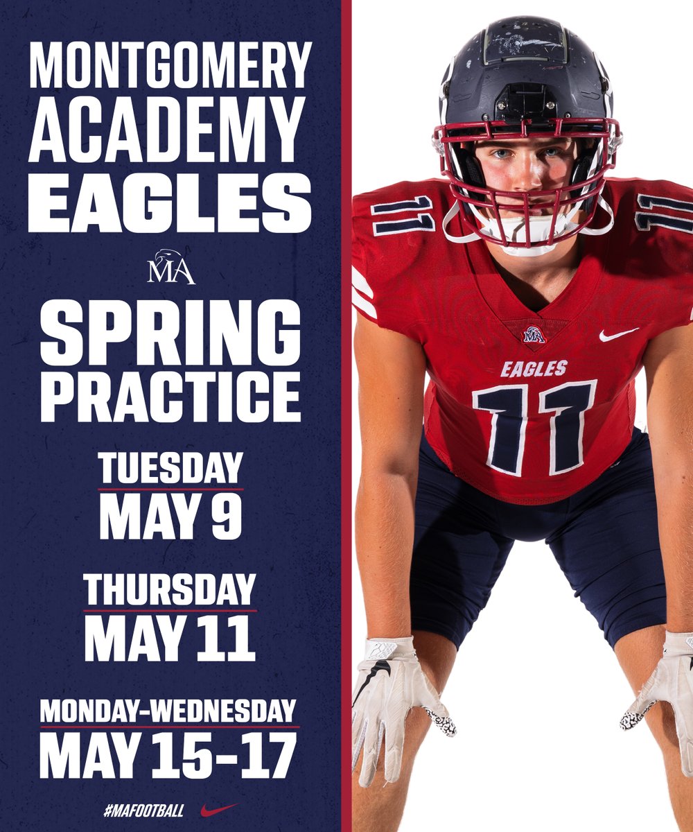 🚨MARK YOUR CALENDARS🚨

#MAFootball's spring practice sessions are happening soon!
🔴 May 9
🔵 May 11
🔴 May 15-17

All practices will be from 3:30-5:30pm. Let's #GOEAGLES! 🦅💙❤️🏈