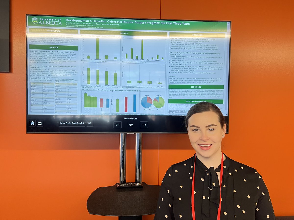 susmuncner's tweet photo. Honoured to present my poster regarding the development of a colorectal robotic program at @UAlbertaSurgery  ať @SAGES_Updates #sages2023 https://t.co/CYVvWqSA4F